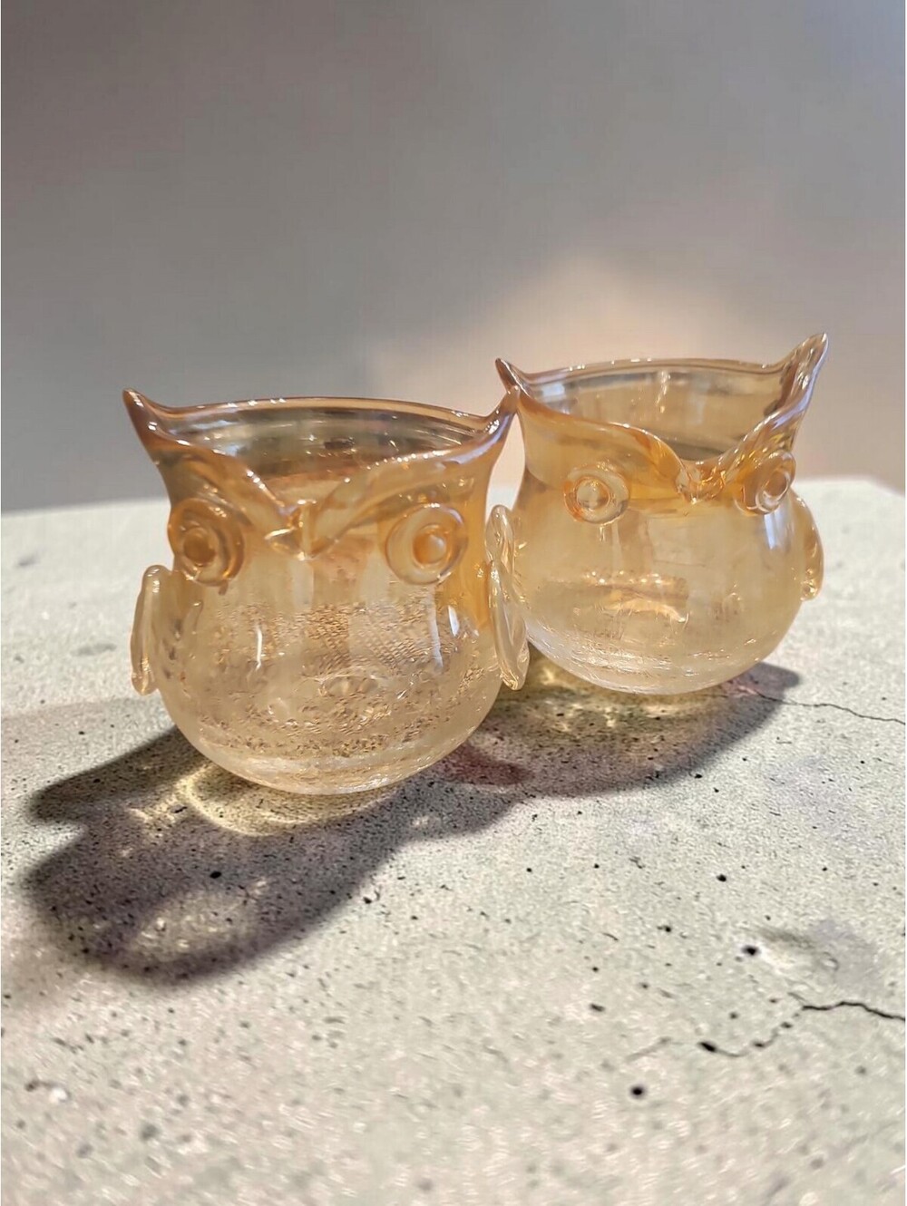 Set of 2 Amber Iridescent Crackle Glass Owl Votive Tealight Holders Pier